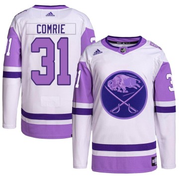 Authentic Adidas Men's Eric Comrie Buffalo Sabres Hockey Fights Cancer Primegreen Jersey - White/Purple