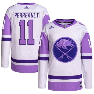 Authentic Adidas Men's Gilbert Perreault Buffalo Sabres Hockey Fights Cancer Primegreen Jersey - White/Purple