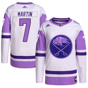 Authentic Adidas Men's Rick Martin Buffalo Sabres Hockey Fights Cancer Primegreen Jersey - White/Purple