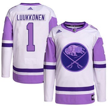 Authentic Adidas Men's Ukko-Pekka Luukkonen Buffalo Sabres Hockey Fights Cancer Primegreen Jersey - White/Purple