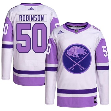 Authentic Adidas Youth Eric Robinson Buffalo Sabres Hockey Fights Cancer Primegreen Jersey - White/Purple