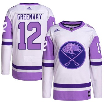 Authentic Adidas Youth Jordan Greenway Buffalo Sabres Hockey Fights Cancer Primegreen Jersey - White/Purple