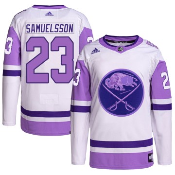 Authentic Adidas Youth Mattias Samuelsson Buffalo Sabres Hockey Fights Cancer Primegreen Jersey - White/Purple