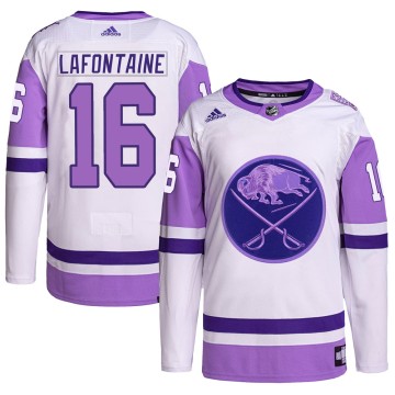 Authentic Adidas Youth Pat Lafontaine Buffalo Sabres Hockey Fights Cancer Primegreen Jersey - White/Purple