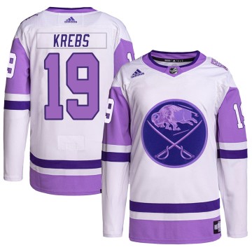 Authentic Adidas Youth Peyton Krebs Buffalo Sabres Hockey Fights Cancer Primegreen Jersey - White/Purple