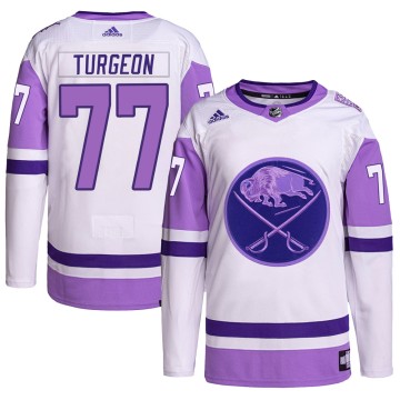 Authentic Adidas Youth Pierre Turgeon Buffalo Sabres Hockey Fights Cancer Primegreen Jersey - White/Purple
