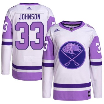 Authentic Adidas Youth Ryan Johnson Buffalo Sabres Hockey Fights Cancer Primegreen Jersey - White/Purple