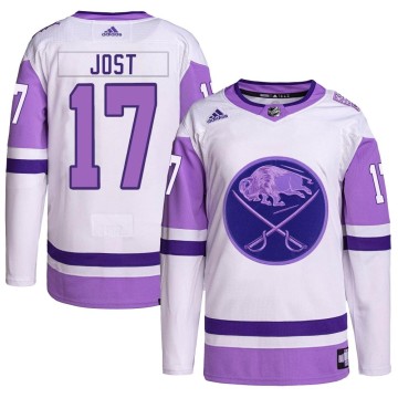 Authentic Adidas Youth Tyson Jost Buffalo Sabres Hockey Fights Cancer Primegreen Jersey - White/Purple
