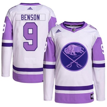 Authentic Adidas Youth Zach Benson Buffalo Sabres Hockey Fights Cancer Primegreen Jersey - White/Purple